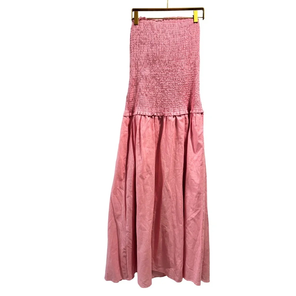 Petal & Pup Rose Pink Smocked Tube Maxi Dress Cotton Linen Blend Size L - Picture 3 of 9